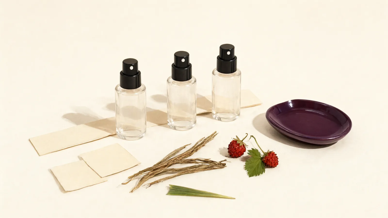 Bancada de prova com três frascos de vidro com spray sem rótulo, raiz de vetiver seca, morangos silvestres e um pratinho ameixa sobre papel creme