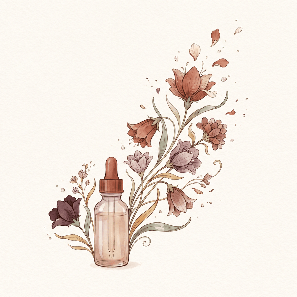 Aquarela de flores em tons quentes de terracota se erguendo, com pétalas subindo como fagulhas