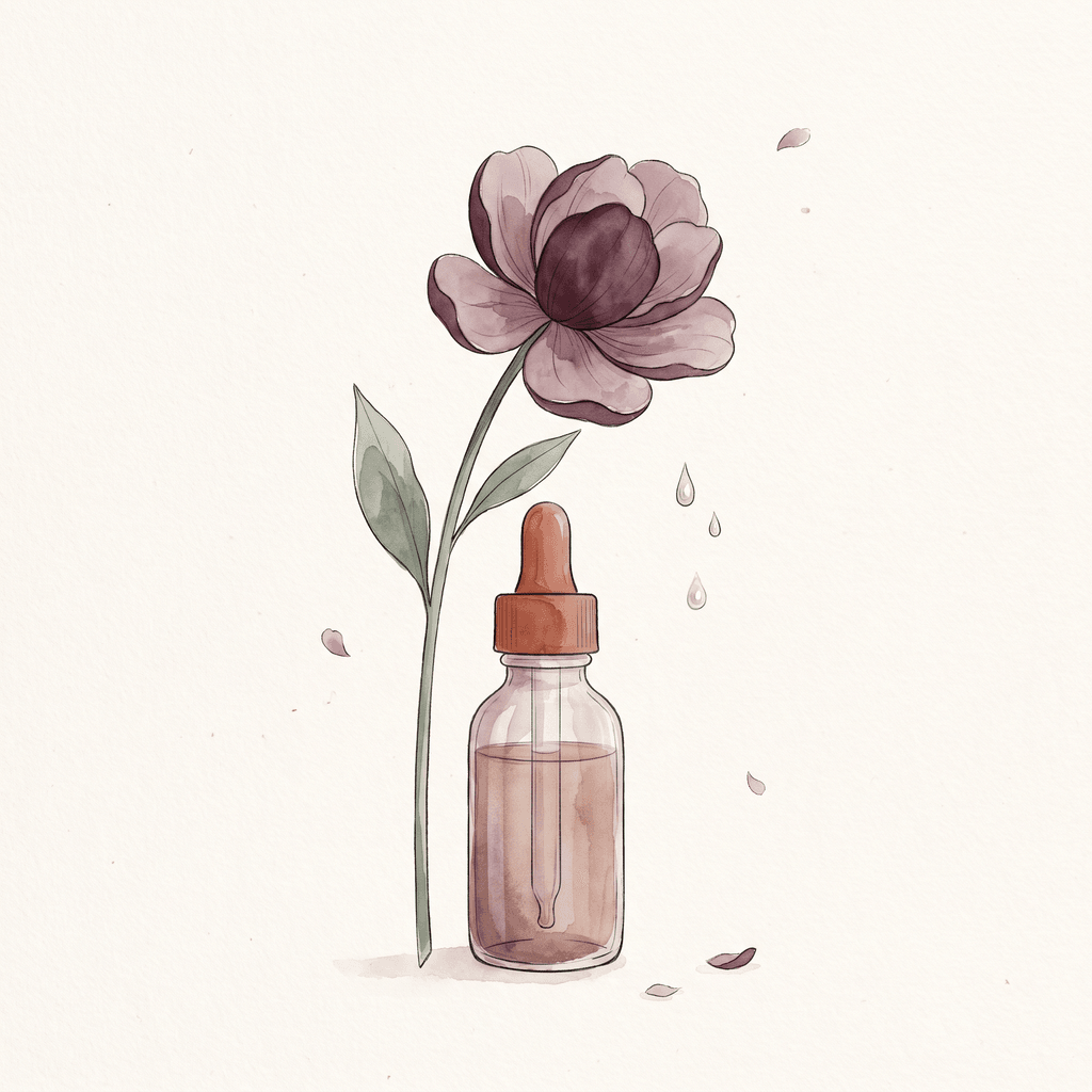Aquarela de uma flor aberta e serena em tons de ameixa com gotas de orvalho ao redor
