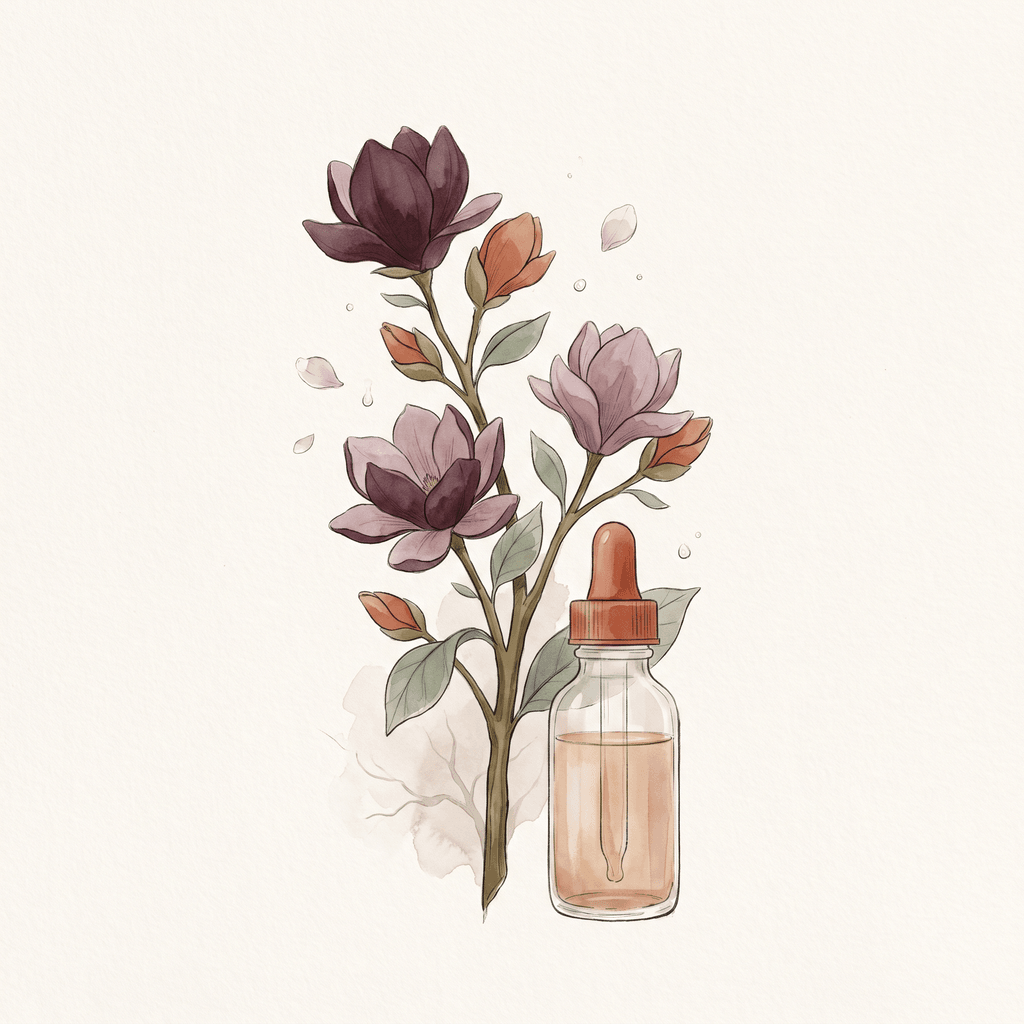 Aquarela de um ramo firme e ereto com flores em tons de terracota, subindo em direção à luz