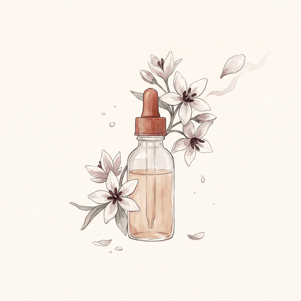 Aquarela de uma flor branca em forma de estrela com uma pétala se soltando suavemente no ar