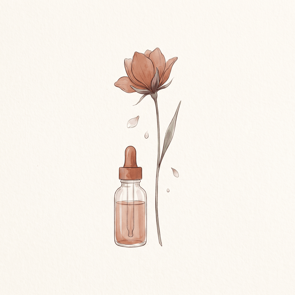 Aquarela de uma única haste ereta com uma flor terracota no alto, traço limpo e preciso