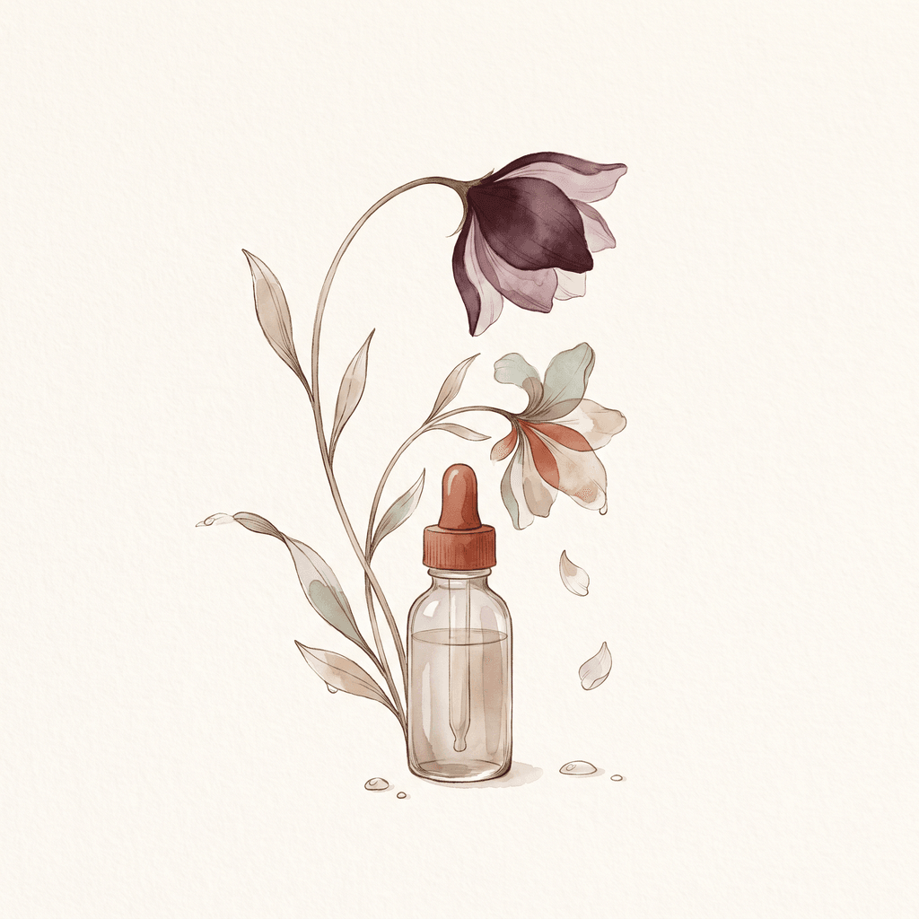 Aquarela de uma flor grande abrigando uma flor pequena, em tons suaves de ameixa e sálvia
