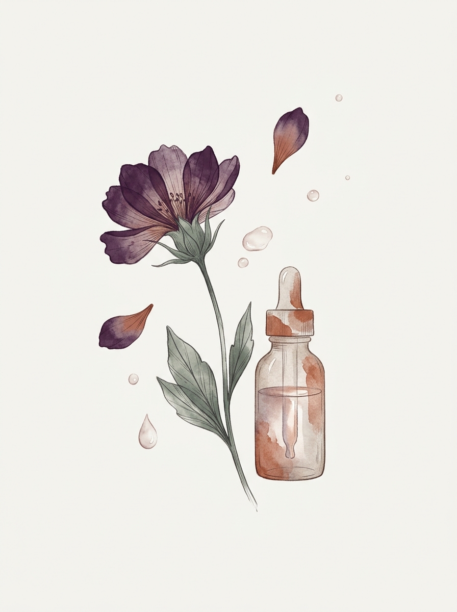 Ilustração em aquarela de uma flor ameixa ao lado de um frasco conta-gotas, com pétalas e gotas ao redor