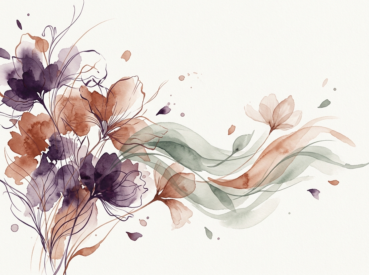 Composição botânica em aquarela sugerindo acolhimento e calma, em tons de ameixa, cobre e verde